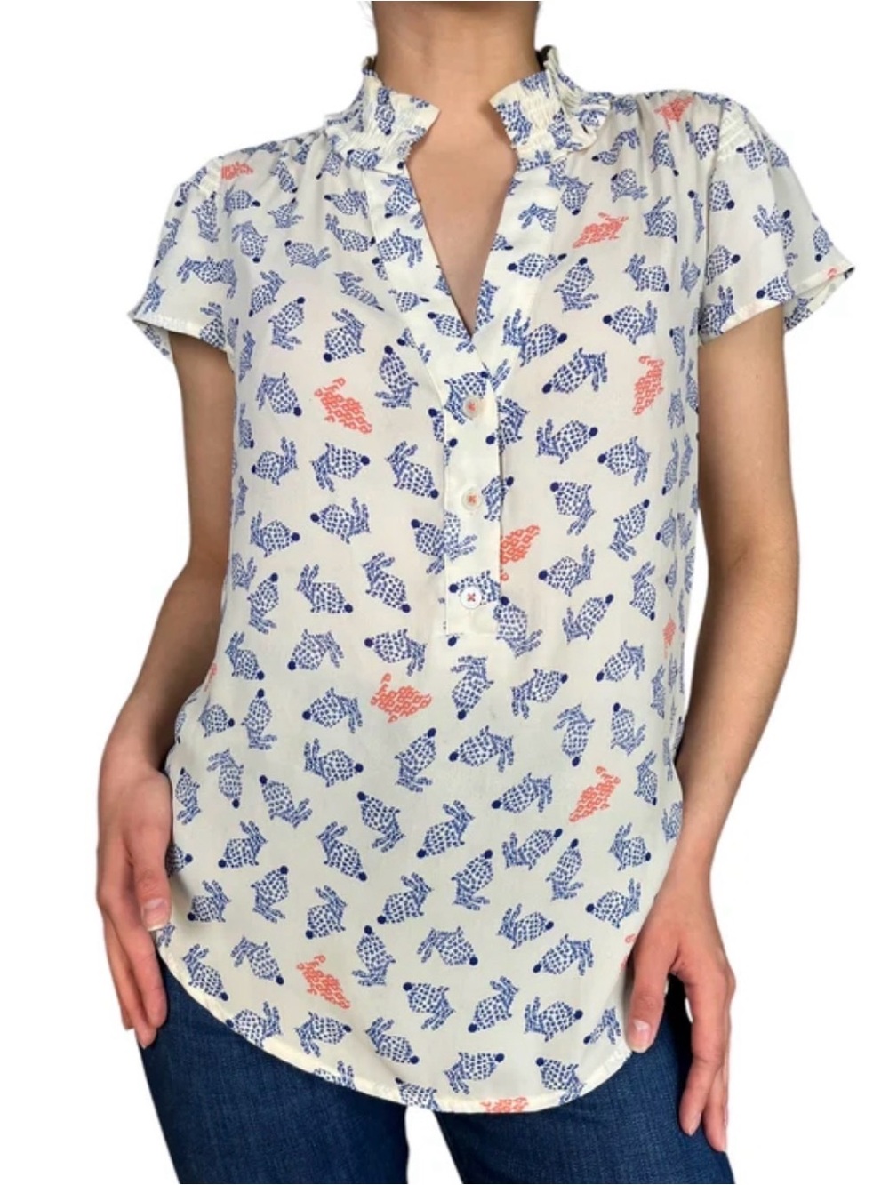 Anthropology Maeve “Hop Around” Ruffle Henley Top with Blue & Coral Bunnies
